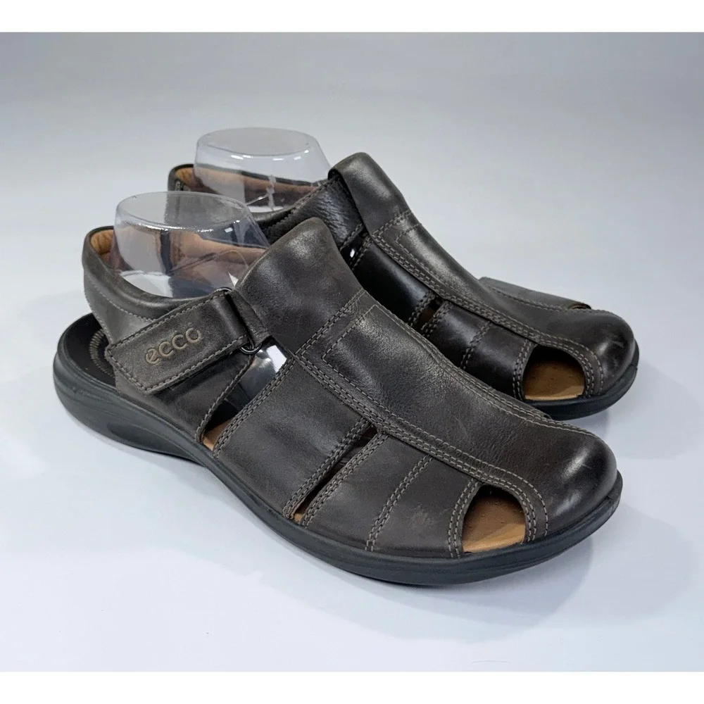 Ecco Fisherman Sandals Mens 45/11-11.5 Brown Leather Hook Loop Closed Toe Casual